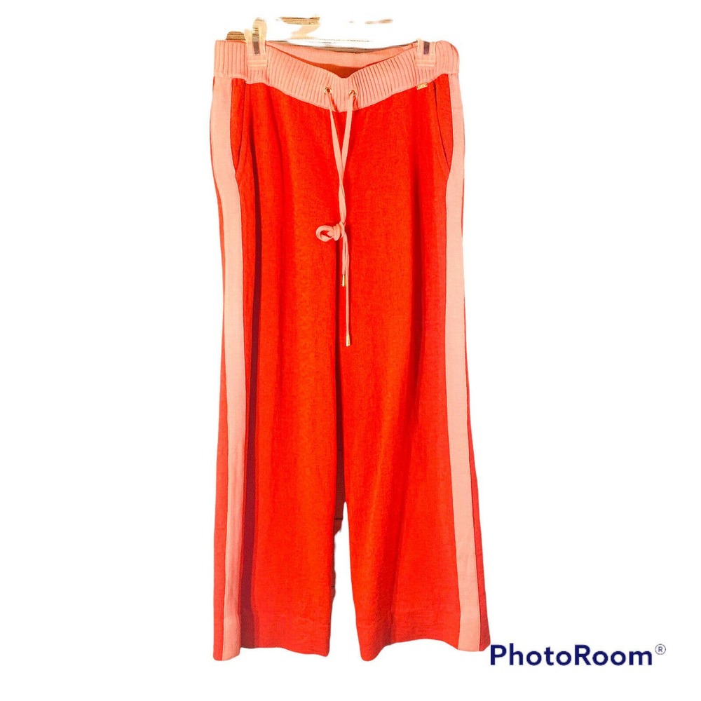 St. John Knit Wide Leg Track Pants Coral w Peach Stripe & Pockets Size Medium